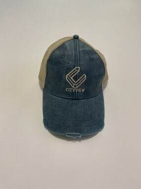 Cityview Distressed Trucker Hat Teal Blue Khaki Mesh Snapback Adams Headwear